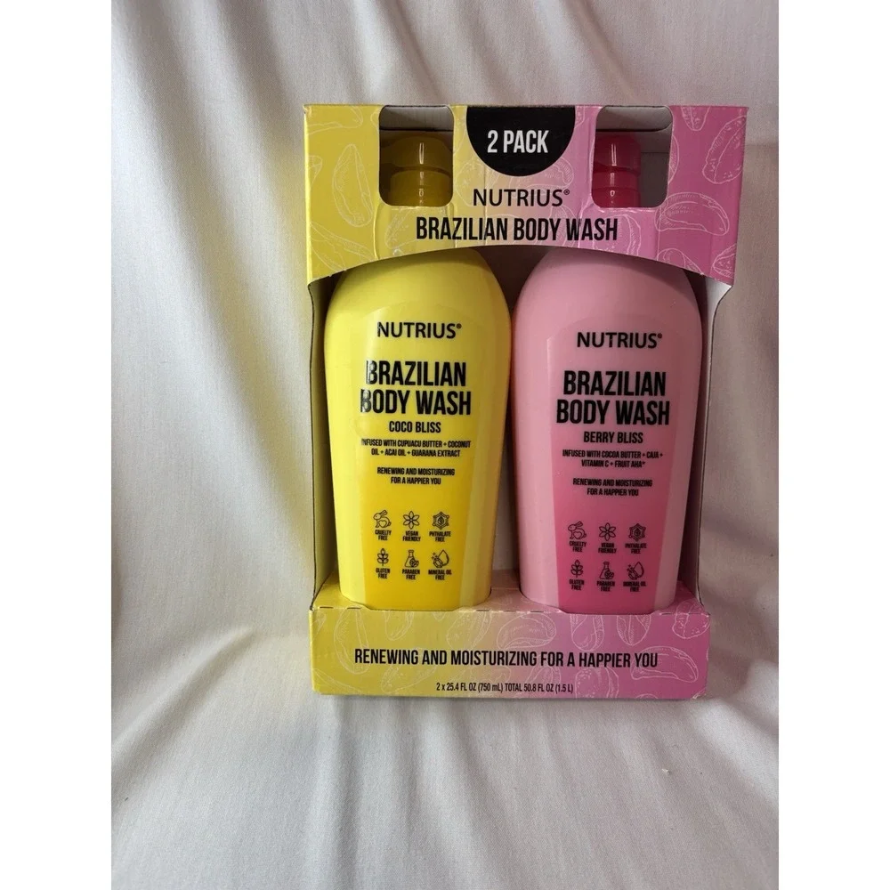 Nutrius Brazilian Body‎ Wash 2 Pack Coco Bliss & Berry Bliss Vegan 25.4 fl oz ea